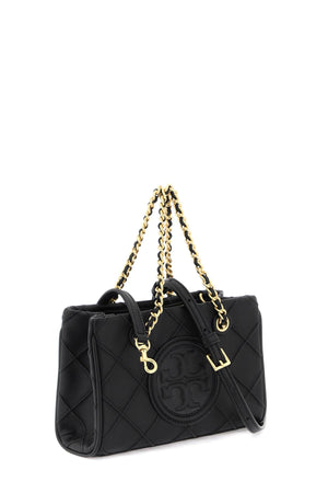 TORY BURCH Mini Fleming Quilted Leather Chain Tote in Black with Convertible Strap, 12.5x18.5x7.5 cm