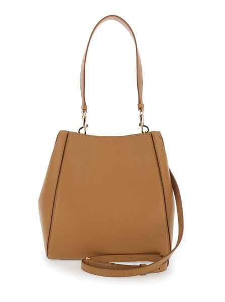 TORY BURCH Elegant Camel Leather Handbag with Gold-Tone Accents