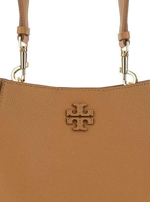 TORY BURCH Elegant Camel Leather Handbag with Gold-Tone Accents