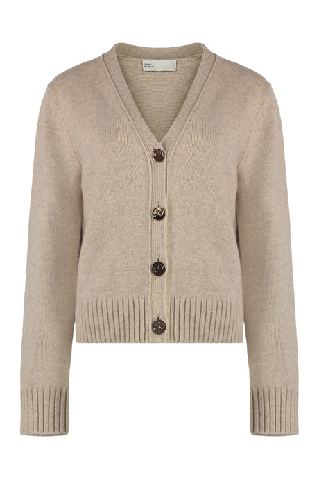 TORY BURCH Elegant Women's Wool Cardigan with Ribbed Knit Edges