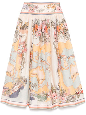 ZIMMERMANN Floral Printed Linen Midi Skirt