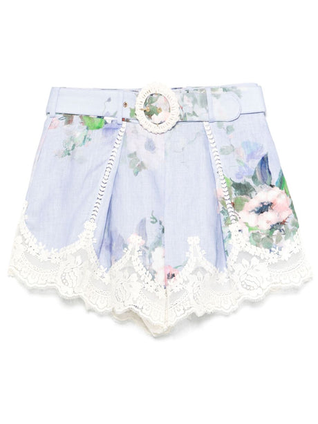 ZIMMERMANN Floral Printed Linen Mini Shorts with Coordinated Belt