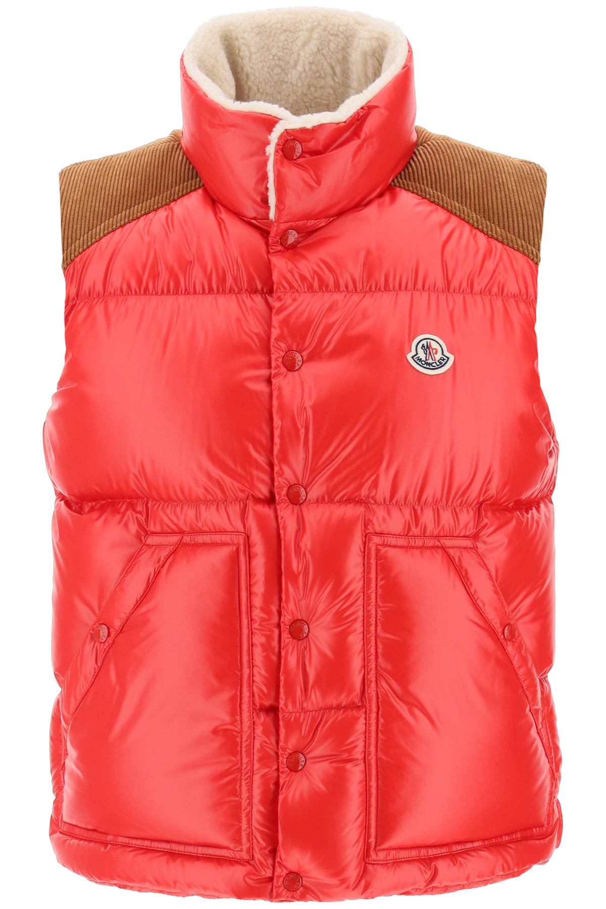 MONCLER Red Wool Bodywarmer Jacket with Velvet Inserts and Logo Detail