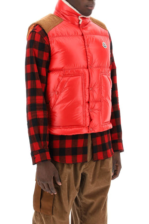 MONCLER Red Wool Bodywarmer Jacket with Velvet Inserts and Logo Detail