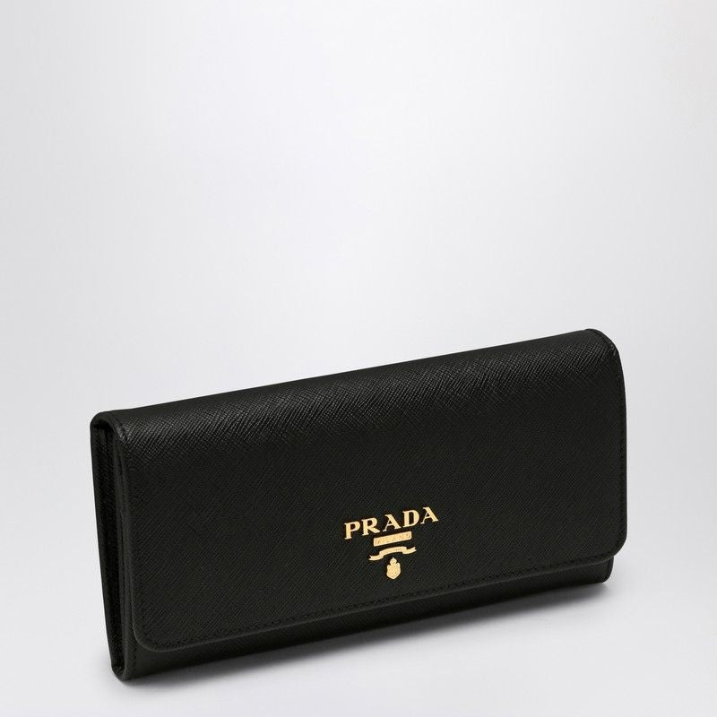 PRADA Continental Mini Wallet in Black Saffiano with Gold Accents