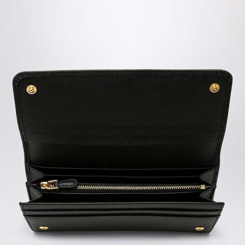 PRADA Continental Mini Wallet in Black Saffiano with Gold Accents