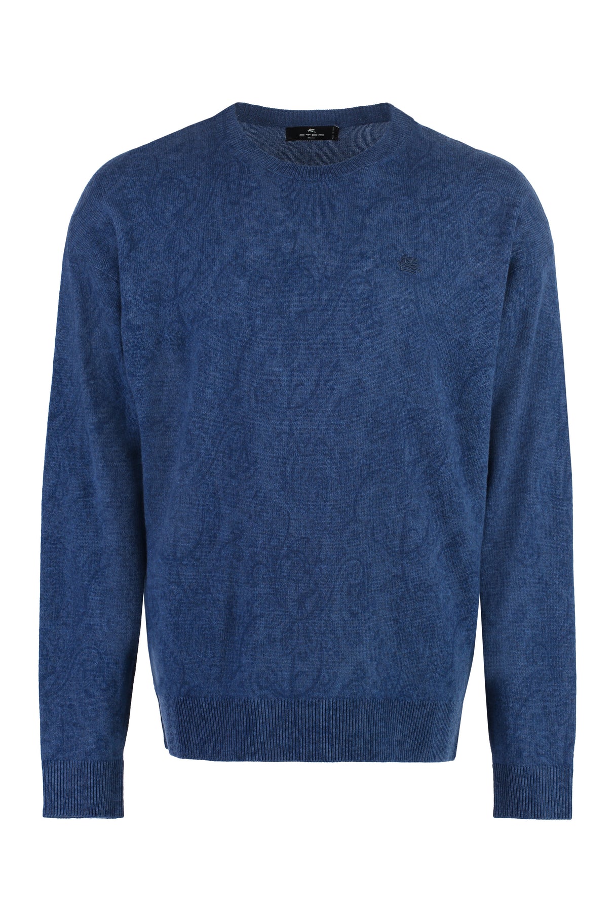 ETRO Stylish Blue Wool Sweater for Men with Paisley Motif and Ribbed Edges