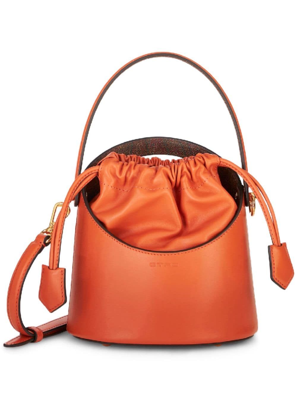 ETRO Mini Saturno Bucket Handbag in Orange Lamb Leather with Paisley Motif and Gold-Tone Hardware - 18x18.5 cm