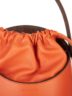 ETRO Mini Saturno Bucket Handbag in Orange Lamb Leather with Paisley Motif and Gold-Tone Hardware - 18x18.5 cm