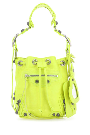 BALENCIAGA Mini Fluo Yellow Leather Bucket Handbag