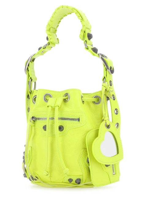 BALENCIAGA Mini Fluo Yellow Leather Bucket Handbag