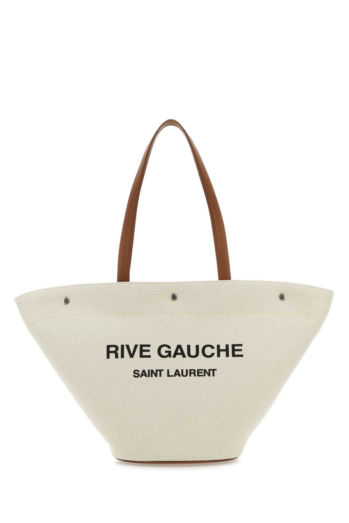 SAINT LAURENT Rive Gauche Sand Canvas Shopping Handbag - 30 cm Width