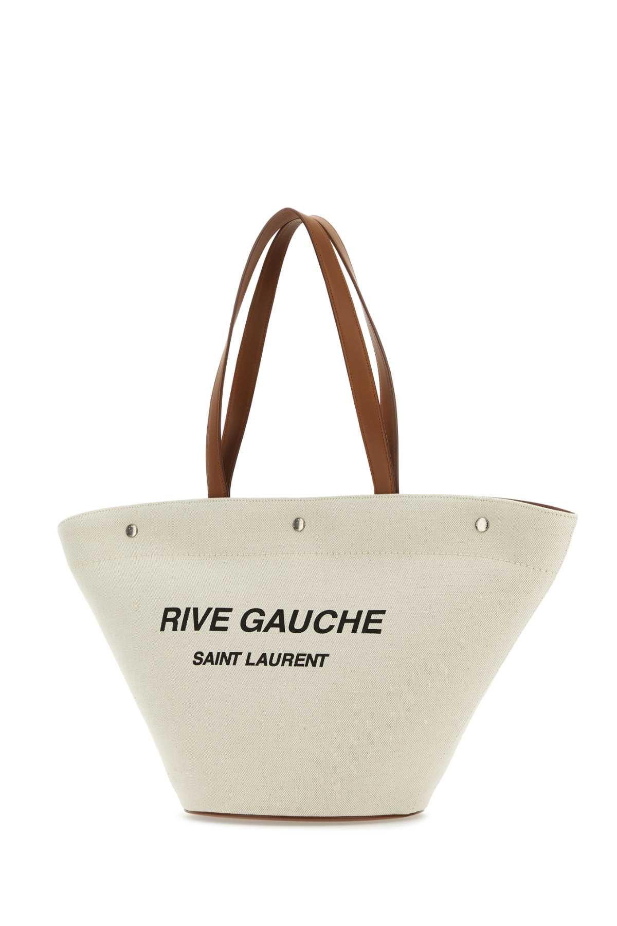 SAINT LAURENT Rive Gauche Sand Canvas Shopping Handbag - 30 cm Width