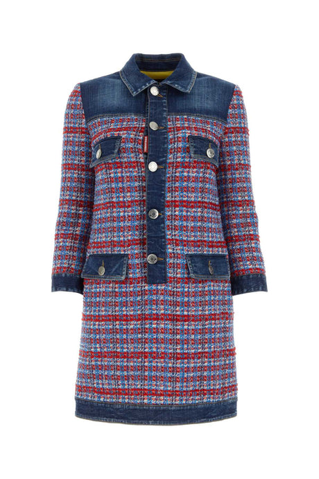 DSQUARED Vibrant Multicolor Denim & Boucle Vintage Dress