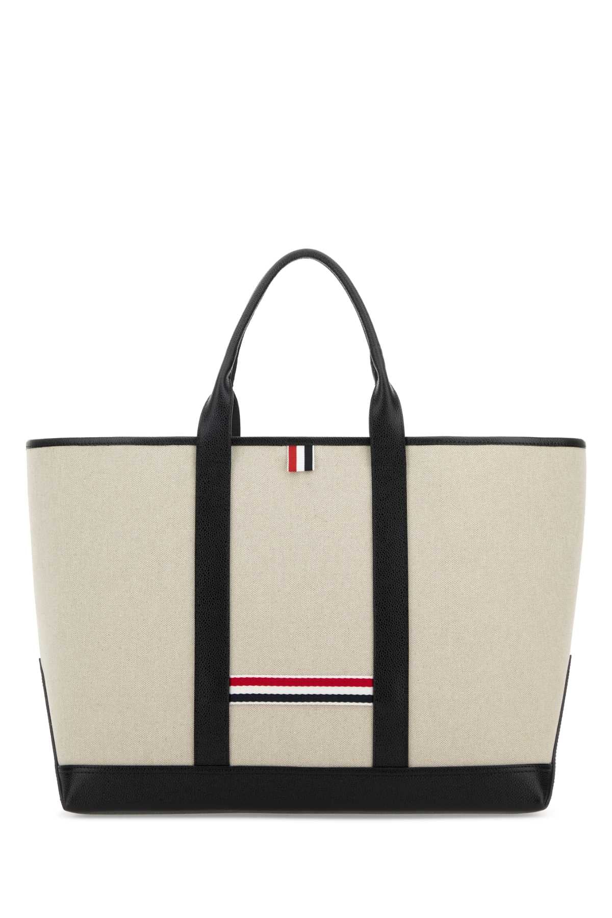 THOM BROWNE Medium Sand Canvas RWB-Stripe Shopping Handbag