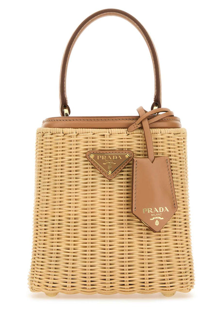 PRADA Mini Two-tone Wicker and Leather Bucket Handbag