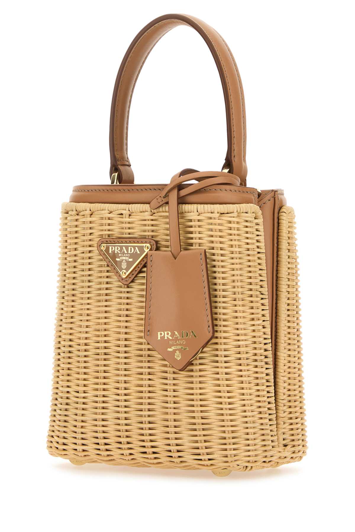 PRADA Mini Two-tone Wicker and Leather Bucket Handbag