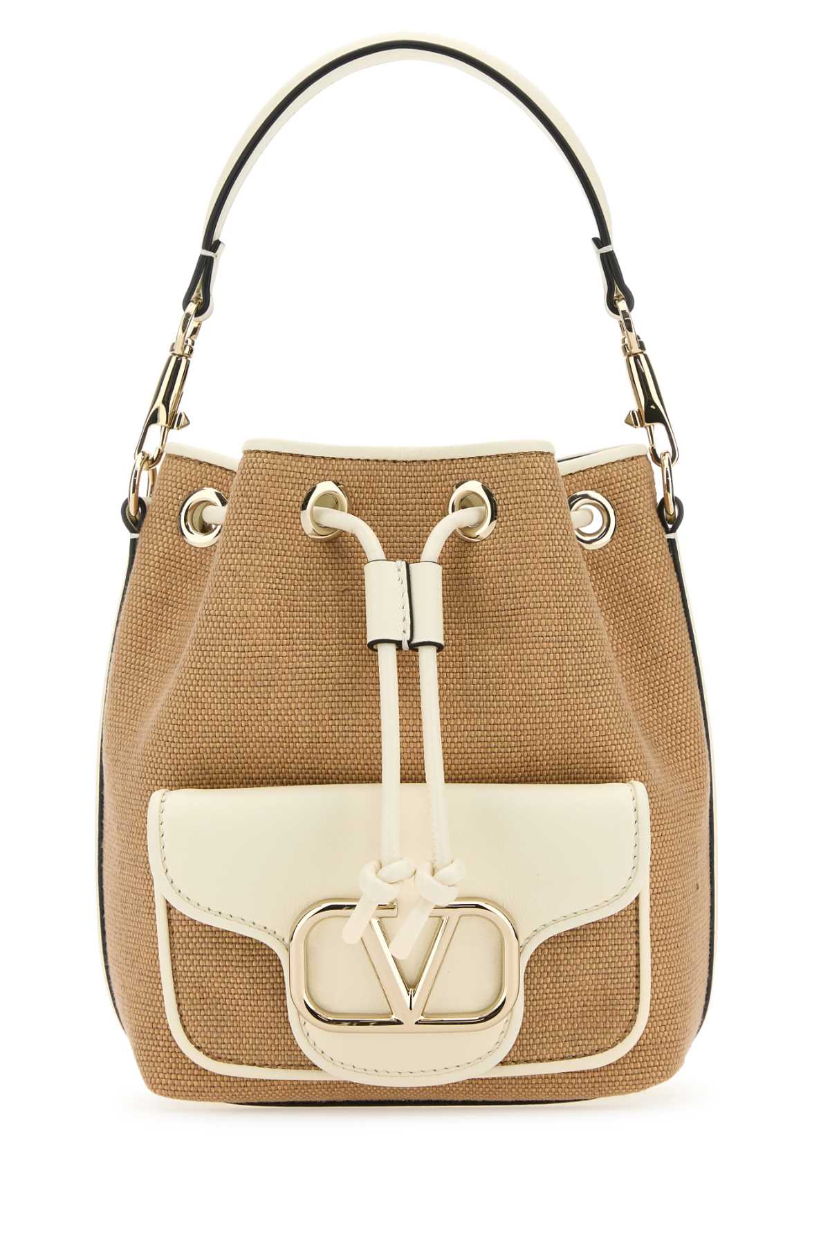 VALENTINO GARAVANI Two-tone Raffia Leather Bucket Handbag - 16x19x11 cm