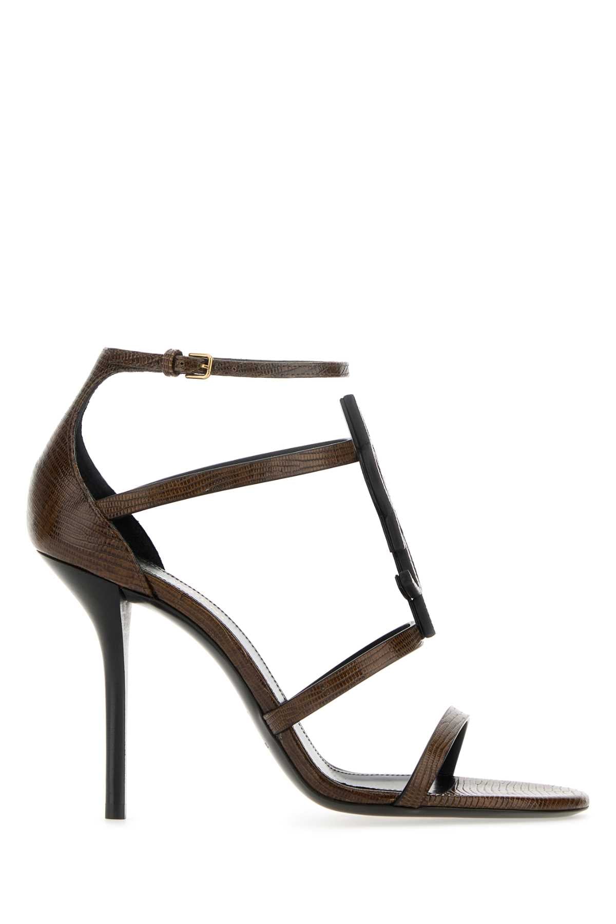 SAINT LAURENT Elegant Brown Leather Cassandra Sandals with 10 cm Heel