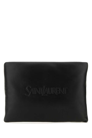 SAINT LAURENT Sleek Black Leather Pouch Handbag - 30 cm x 21 cm