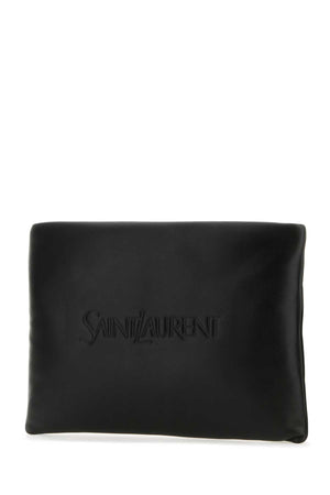 SAINT LAURENT Sleek Black Leather Pouch Handbag - 30 cm x 21 cm