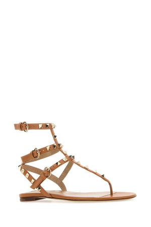 VALENTINO GARAVANI Camel Leather Rockstud Thong Sandals for Women