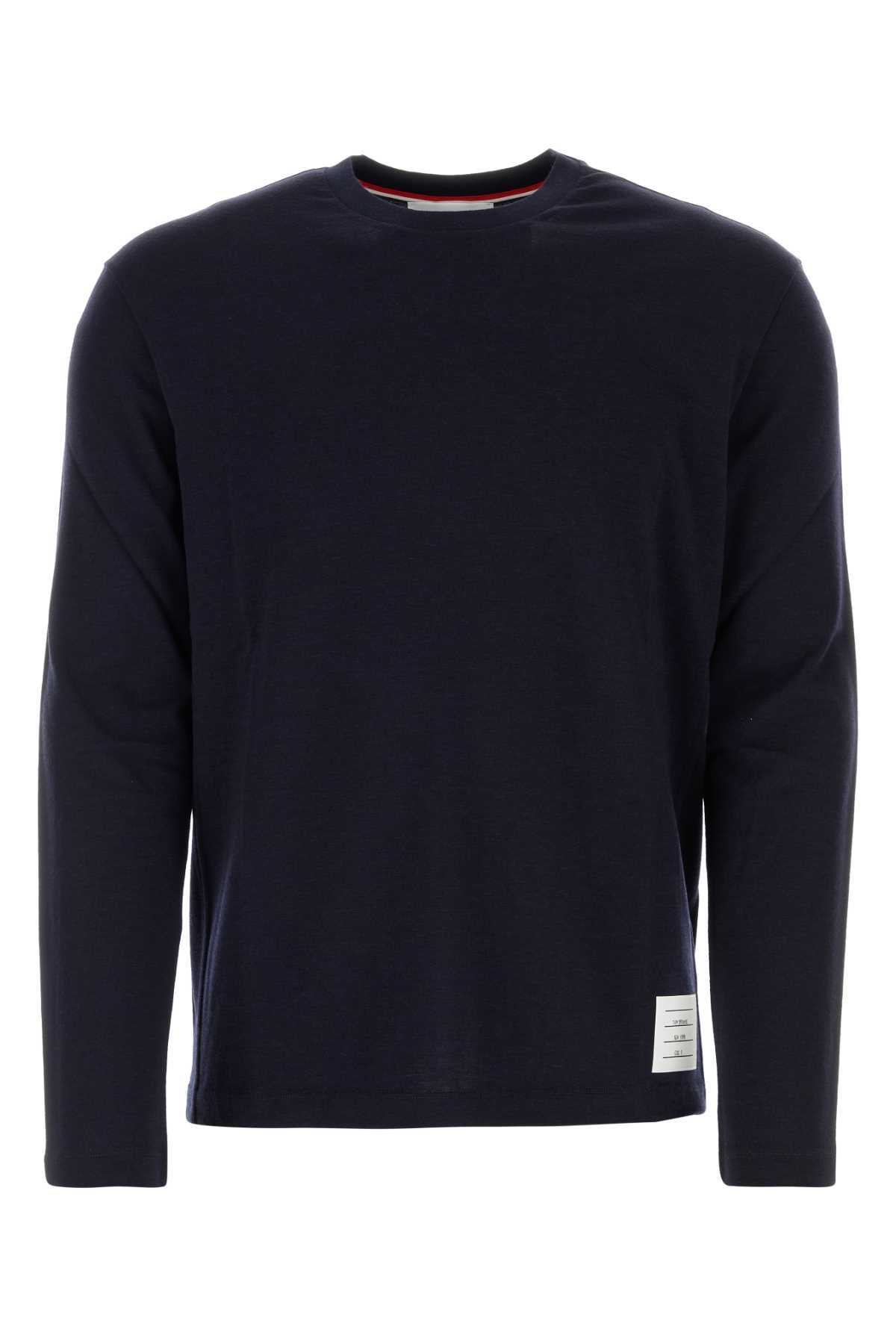 THOM BROWNE Midnight Blue Stretch Wool T-Shirt - Classic Fit