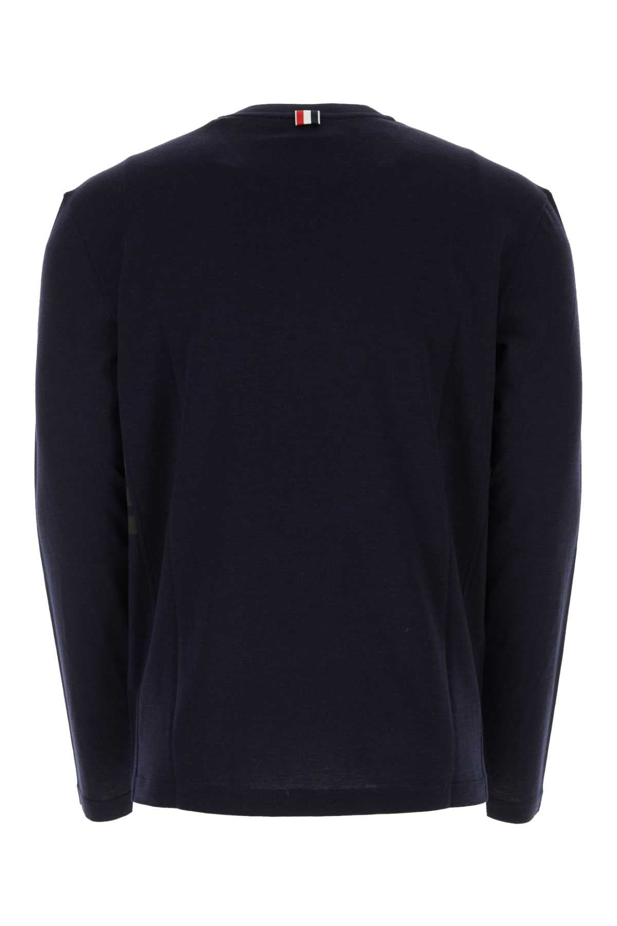 THOM BROWNE Midnight Blue Stretch Wool T-Shirt - Classic Fit