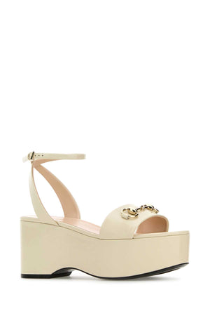 GUCCI Ivory Leather Platform Sandals with 8 cm Height