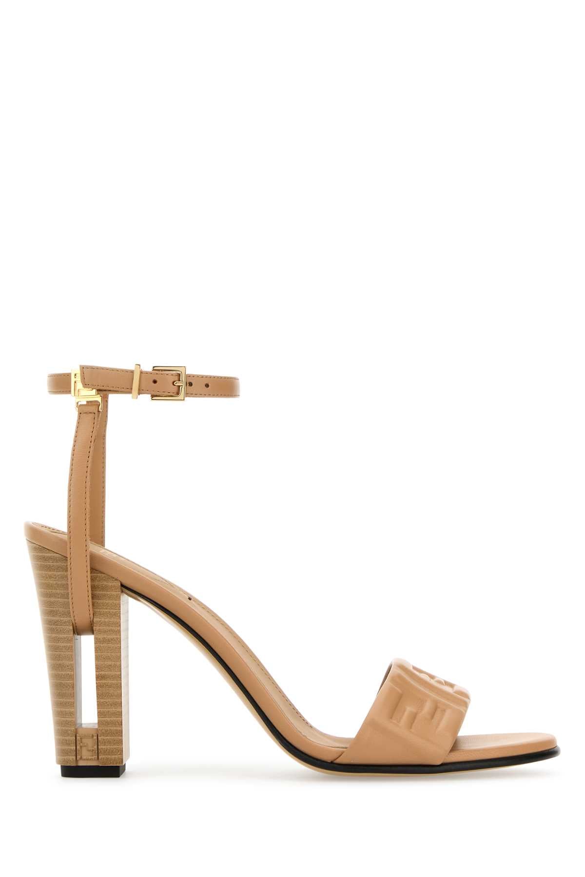 FENDI Camel Leather Delfina Mini Sandals with 9.5 cm Heel