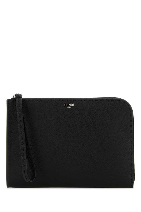 FENDI Stylish Black Leather Pouch Handbag - 23 cm x 16 cm x 2.5 cm