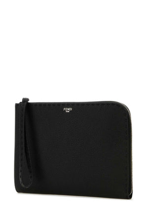 FENDI Stylish Black Leather Pouch Handbag - 23 cm x 16 cm x 2.5 cm