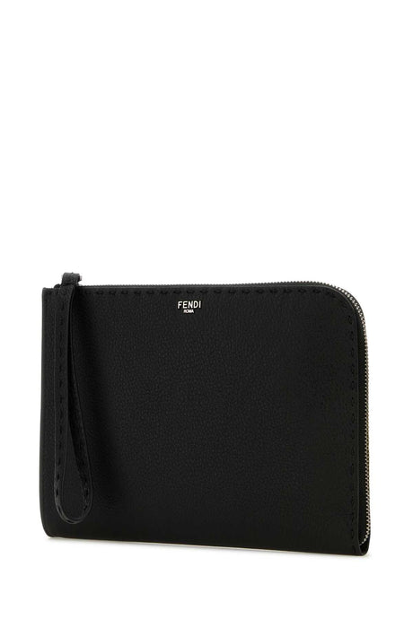 FENDI Stylish Black Leather Pouch Handbag - 23 cm x 16 cm x 2.5 cm