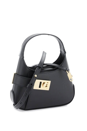 FERRAGAMO Mini Black Lambskin-Lined Calfskin Crossbody Hobo Bag for Women