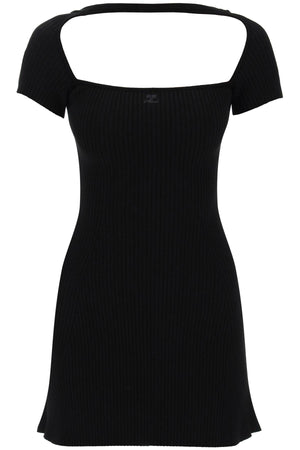 COURREGÈS Black Ribbed T-Shirt Dress for Women - Flared Silhouette and Embroidered Logo in Tone