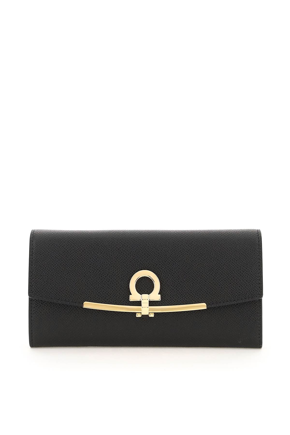 FERRAGAMO Gancini Hook Continental Wallet in Grained Leather with Clip Closure and Central Zipper Pocket