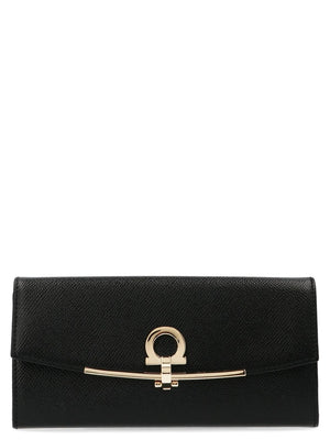 FERRAGAMO Gancini Hook Continental Wallet in Grained Leather with Clip Closure and Central Zipper Pocket