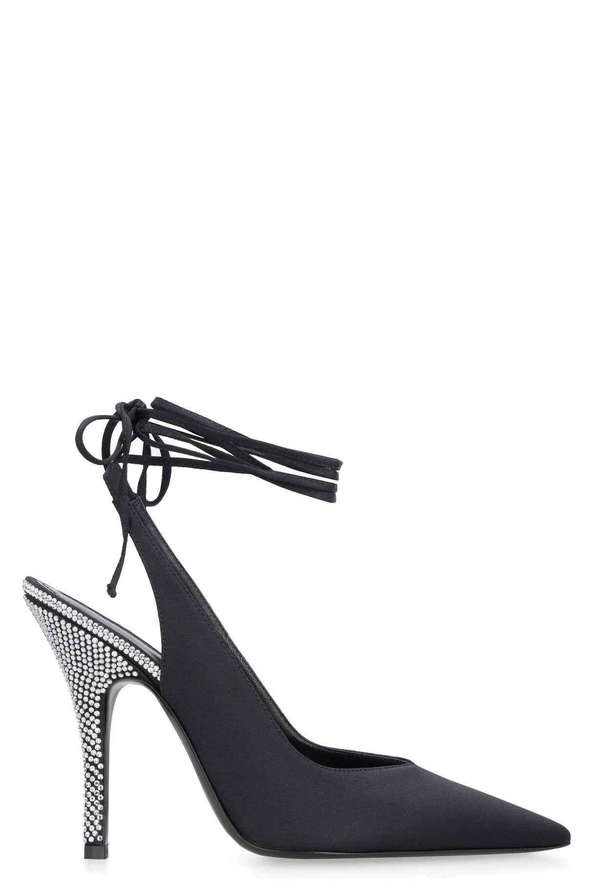 THE ATTICO Black Satin Slingback Pumps with Rhinestone-Covered Heel and Knotted Ankle Lace for Women