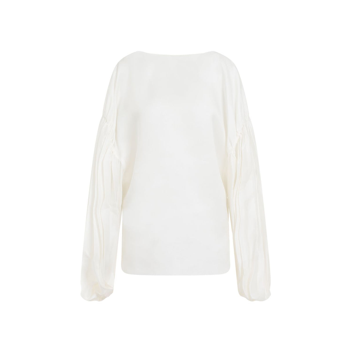 KHAITE Silk Boat Neck Top with Pleated Long Sleeves