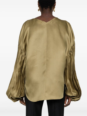 KHAITE Silk Boat Neck Top with Pleated Long Sleeves