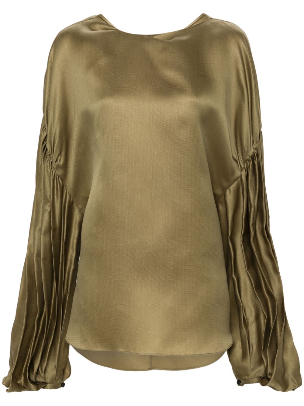 KHAITE Silk Boat Neck Top with Pleated Long Sleeves