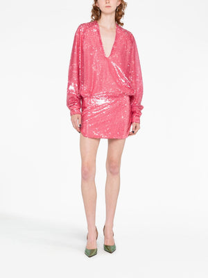 THE ATTICO Coral Pink Sequin Minidress - V-Neck, Long Sleeves, Fitted Waist - FW23