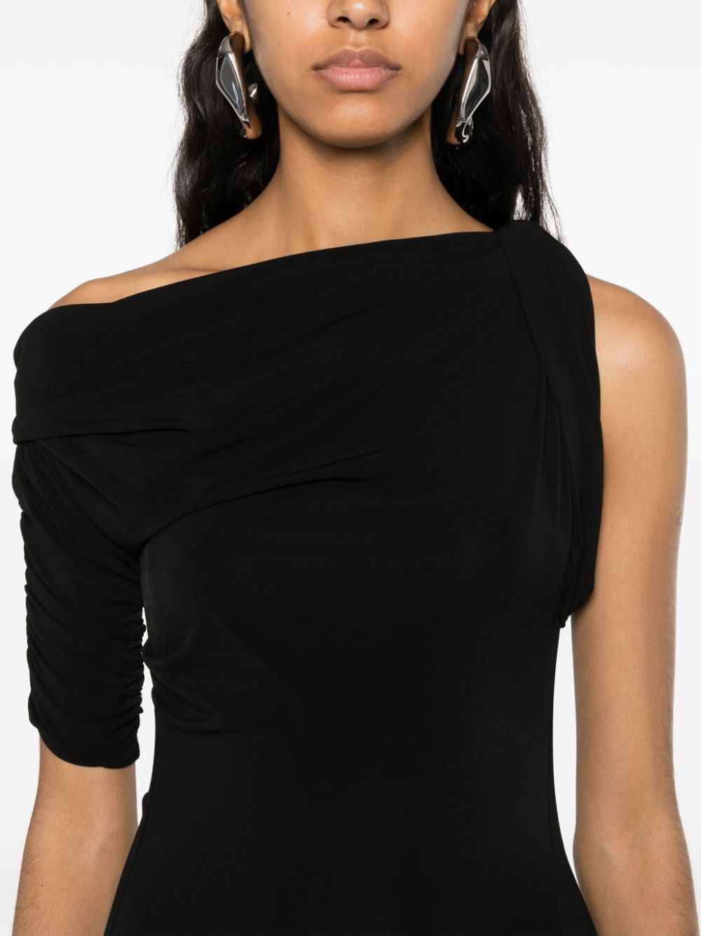 JACQUEMUS Asymmetric Neck Twist Midi Dress with Ruched Detailing