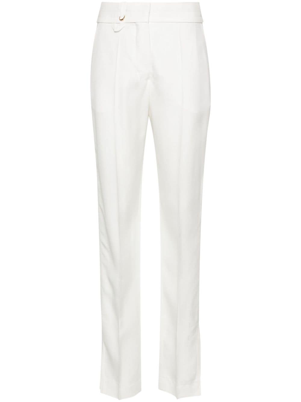 JACQUEMUS High-Waisted Straight-Leg Split Pants with Inlaid Ribbon