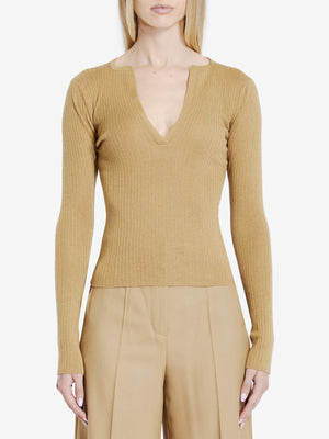 MAX MARA Elegant V-Motif Ribbed Silk-Cashmere Long Sleeve Top