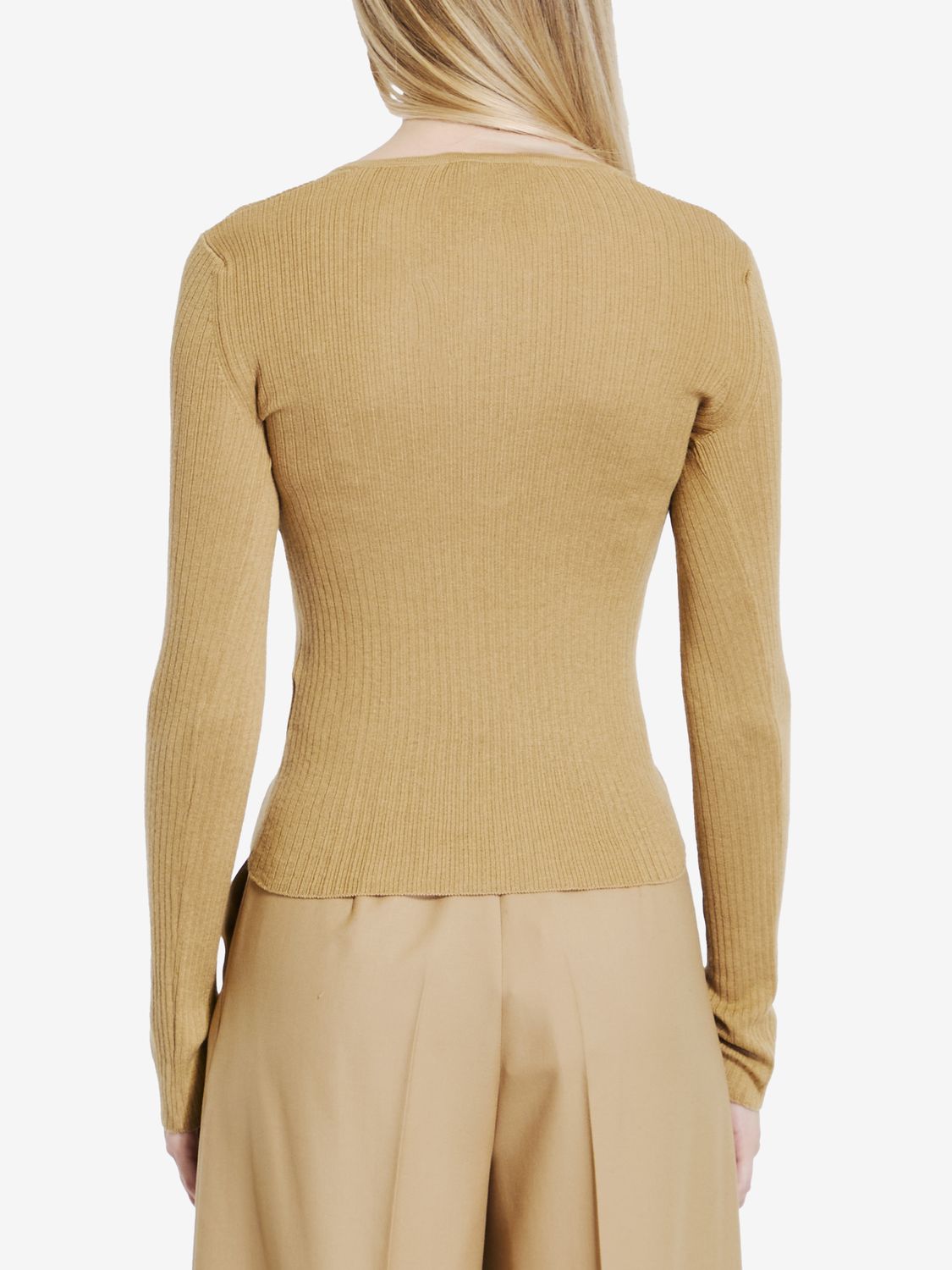 MAX MARA Elegant V-Motif Ribbed Silk-Cashmere Long Sleeve Top