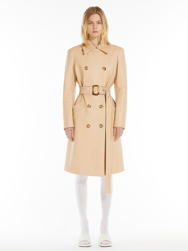 MAX MARA SPORTMAX Luxury Soft Leather Trench Coat with Geometric Pockets