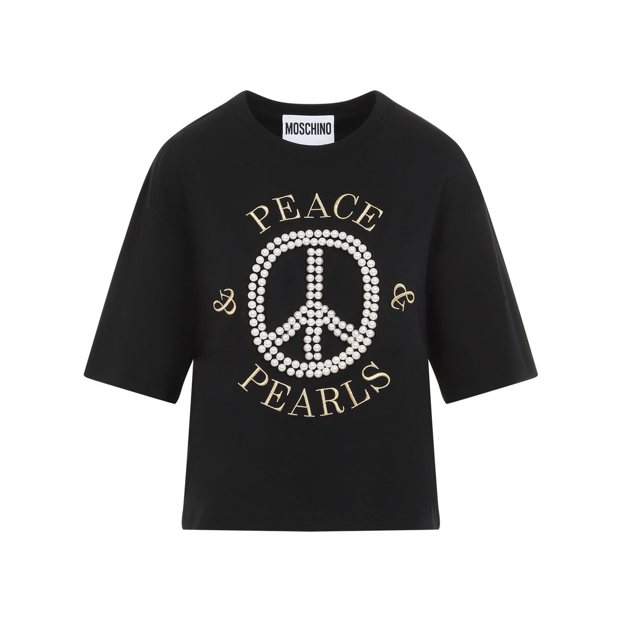 MOSCHINO COUTURE Luxury Pearl-Embellished Black Cotton Tee