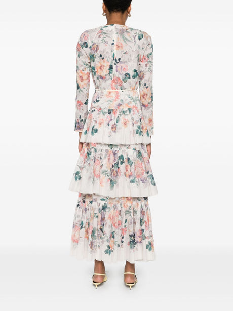 ZIMMERMANN Printed Cotton Long Dress with Deep V-Neck and Removable Belt