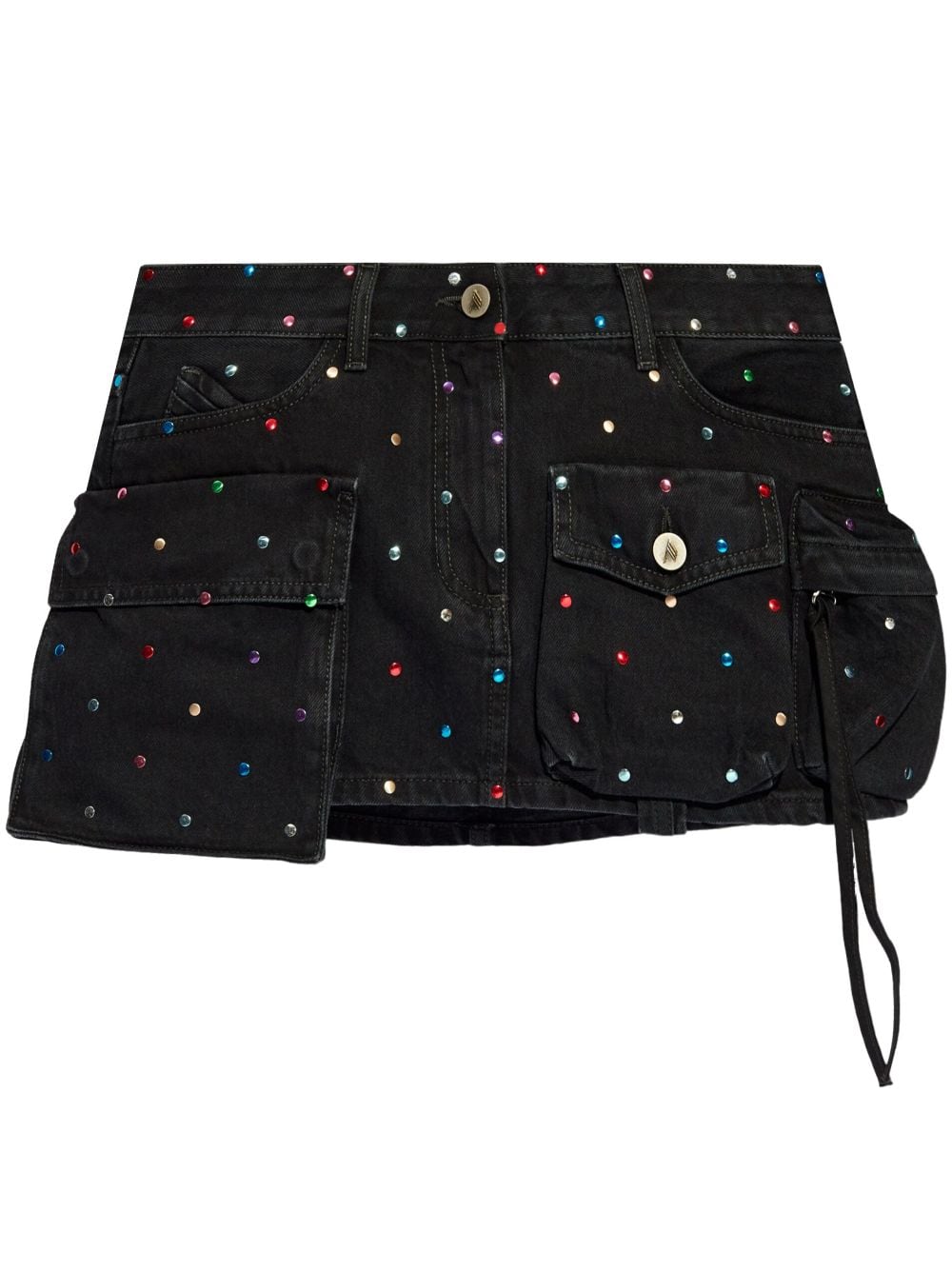 THE ATTICO Jet Black Cotton Mini Skirt with Rhinestone Embellishments